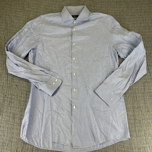 Hugo Boss Dress Shirt Mens 16 34/35 Sharp Fit Button Down Blue Striped - Picture 1 of 5